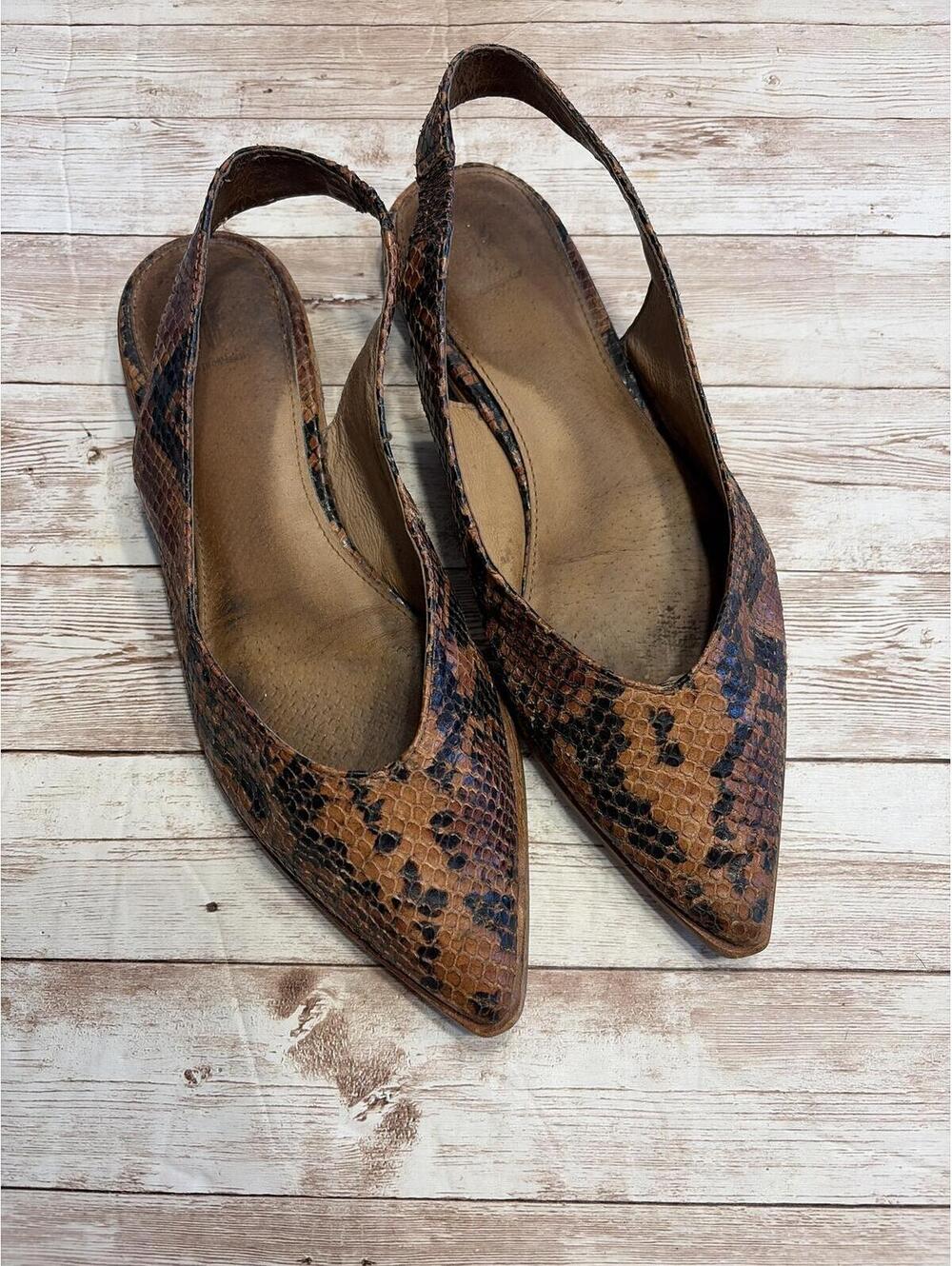 Frye Kenzie slingback flats featuring a snake-embossed leather upper pointed toe